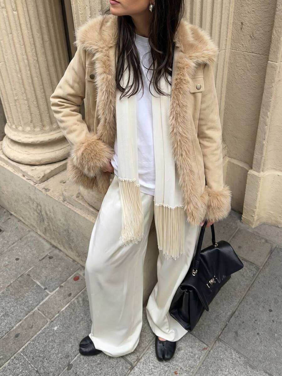 SHEIN PariChic Women's Autumn Vintage Casual Elegant Premium Fur Patchwork Lapel Long Sleeve Faux Pocket Decor Slim Fit Open Front Jacket Everyday Travel Brown - Khaki - View 1
