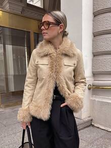 SHEIN PariChic Women's Autumn Vintage Casual Elegant Premium Fur Patchwork Lapel Long Sleeve Faux Pocket Decor Slim Fit Open Front Jacket Everyday Travel Brown - Khaki - View 4
