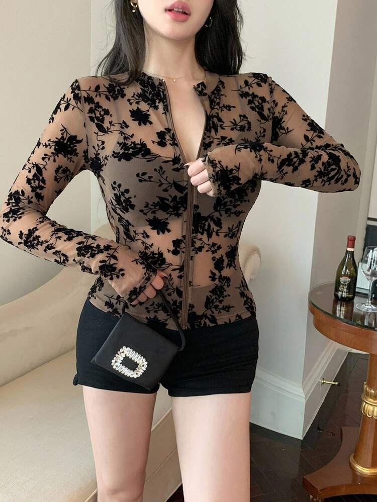 DAZY Women's Brown Cardigan Top, Summer Autumn, Floral Plant Print, Flocked Mesh Sheer Lace, Long Sleeve, For Wedding, Banquet, Party, Streetwear - Brown - View 6