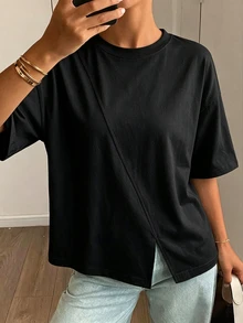 DAZY 女款寬鬆黑色商務休閒拼接設計打底 T 恤，優雅短袖夏季通勤辦公上衣 - 黑色 - 查看 5