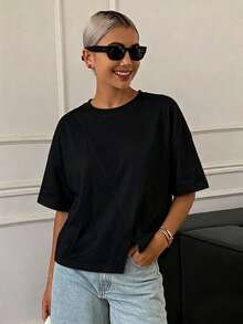 DAZY 女款寬鬆黑色商務休閒拼接設計打底 T 恤，優雅短袖夏季通勤辦公上衣 - 黑色 - 查看 2