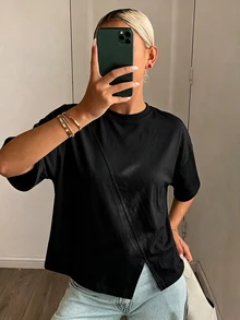 DAZY 女款寬鬆黑色商務休閒拼接設計打底 T 恤，優雅短袖夏季通勤辦公上衣 - 黑色 - 查看 4