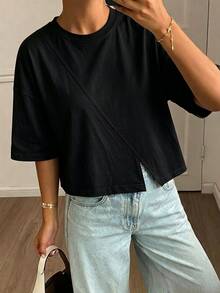 DAZY 女款寬鬆黑色商務休閒拼接設計打底 T 恤，優雅短袖夏季通勤辦公上衣 - 黑色 - 查看 1
