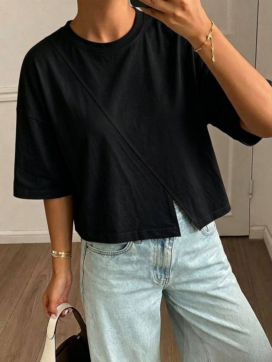 DAZY 女款寬鬆黑色商務休閒拼接設計打底 T 恤，優雅短袖夏季通勤辦公上衣 - 黑色 - 查看 1