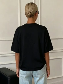 DAZY 女款寬鬆黑色商務休閒拼接設計打底 T 恤，優雅短袖夏季通勤辦公上衣 - 黑色 - 查看 3