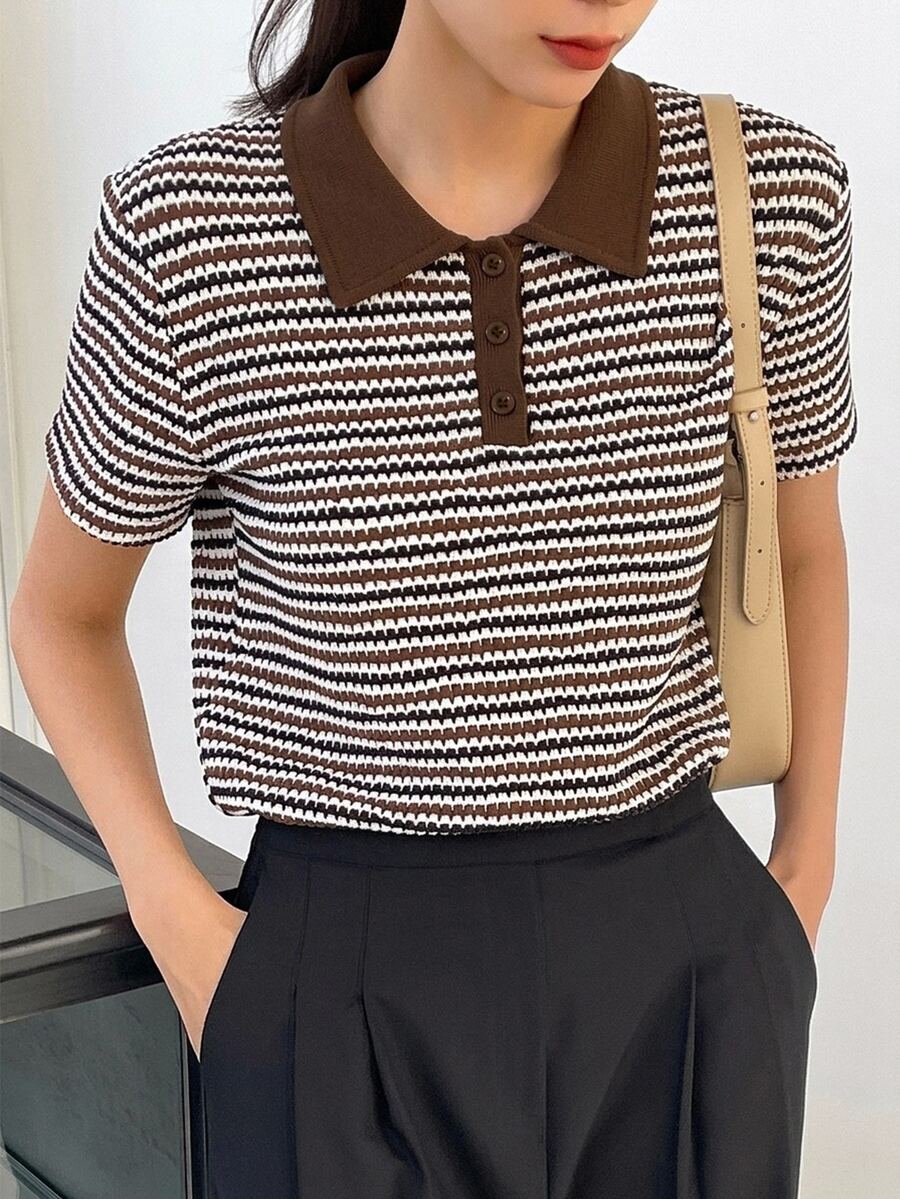 DAZY 女款棕色 Polo 衫,黑白條紋拼接配色,休閒街頭辦公商務短袖 T 恤,夏季 - 棕色 - 查看 1