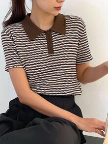 DAZY 女款棕色 Polo 衫，黑白條紋拼接配色，休閒街頭辦公商務短袖 T 恤，夏季 - 棕色 - 查看 4