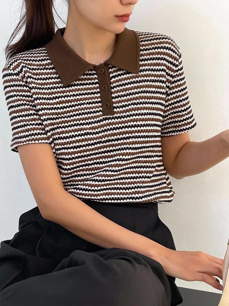 DAZY Women's Brown Polo Shirt With Black And White Striped Color Block, Casual Street Office Business Short Sleeve T-Shirt, Summer - Brown - View 4