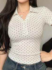 DAZY 女款修身休閒短袖 Polo 衫，黑色配白色波點，春夏運動風 Y2K T-shirt - 白色 - 查看 6