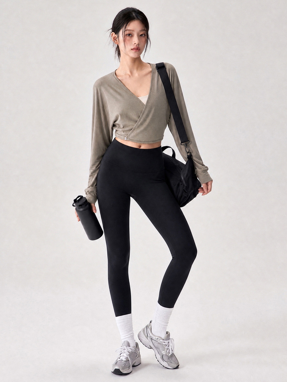 Women's Korean Style V-Neck Asymmetric Placket Long Sleeve Olive Green Cropped Top, Yoga Fitness Casual Commute Streetwear Sports T-Shirt, Summer Autumn