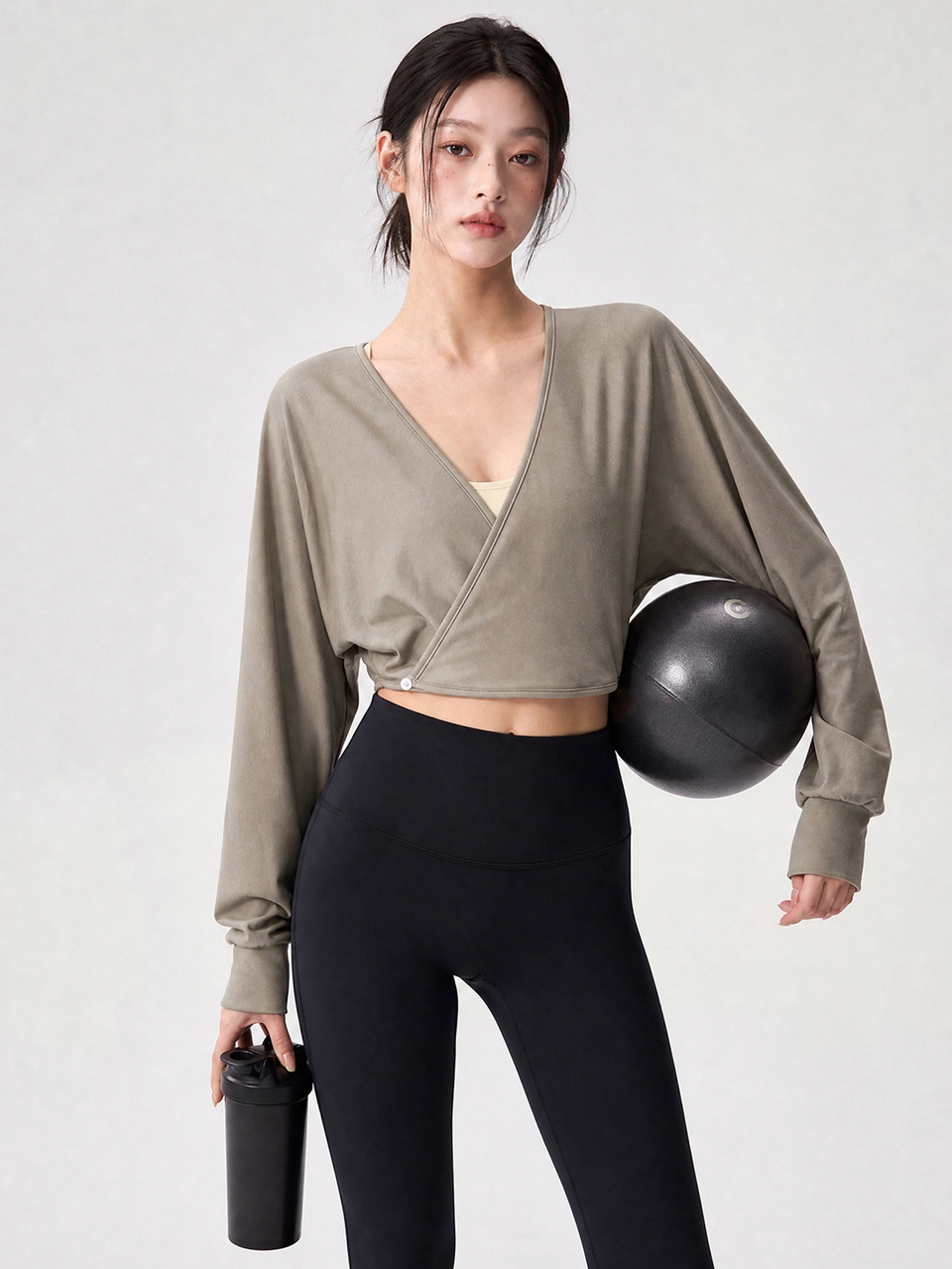 Women's Korean Style V-Neck Asymmetric Placket Long Sleeve Olive Green Cropped Top, Yoga Fitness Casual Commute Streetwear Sports T-Shirt, Summer Autumn