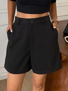 Livesso 女款夏季仿羊毛寬鬆休閒商務通勤套裝 直筒百慕大短褲 日常度假 純黑色 - 黑色 - 查看 6