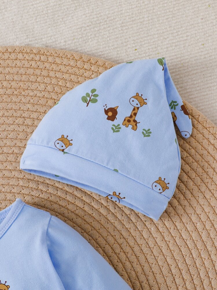SHEIN Newborn Baby Giraffe Print Long Sleeve Single-Breasted Top And Pants Set - Baby Blue - View 5