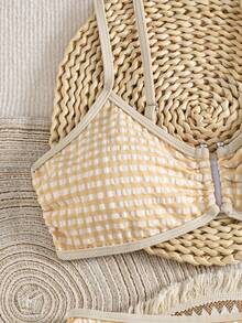SHEIN Swim Women's Textured Plaid Fabric Bikini Set, Summer Beach Party Casual Sweet Back To School Outfit - Apricot - View 7