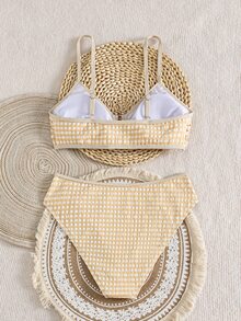 SHEIN Swim Women's Textured Plaid Fabric Bikini Set, Summer Beach Party Casual Sweet Back To School Outfit - Apricot - View 5