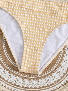 SHEIN Swim Women's Textured Plaid Fabric Bikini Set, Summer Beach Party Casual Sweet Back To School Outfit - Apricot - View 6