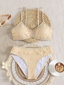 SHEIN Swim Women's Textured Plaid Fabric Bikini Set, Summer Beach Party Casual Sweet Back To School Outfit - Apricot - View 2
