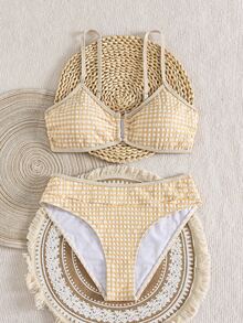 SHEIN Swim Women's Textured Plaid Fabric Bikini Set, Summer Beach Party Casual Sweet Back To School Outfit - Apricot - View 4