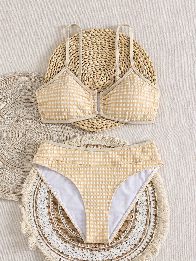 SHEIN Swim 女款紋理格紋布料比基尼套裝，夏季海灘派對休閒甜美返校穿搭 - 杏色 - 查看 4