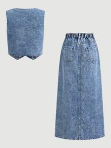 SHEIN 2Pcs Teen Girl Y2k Button Design Denim Sleeveless Jacket And Loose-Fitting Comfortable Skirt - Blue - View 2