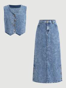 SHEIN 2Pcs Teen Girl Y2k Button Design Denim Sleeveless Jacket And Loose-Fitting Comfortable Skirt - Blue - View 6
