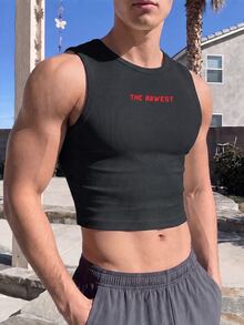 Manfinity Dauomo 時尚街頭男士短版字母印花背心 - 黑色 - 查看 5