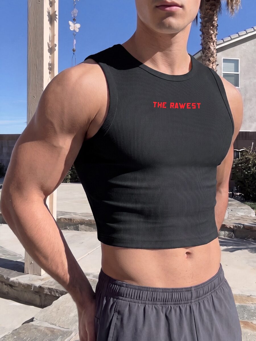 Manfinity Dauomo 時尚街頭男士短版字母印花背心 - 黑色 - 查看 1