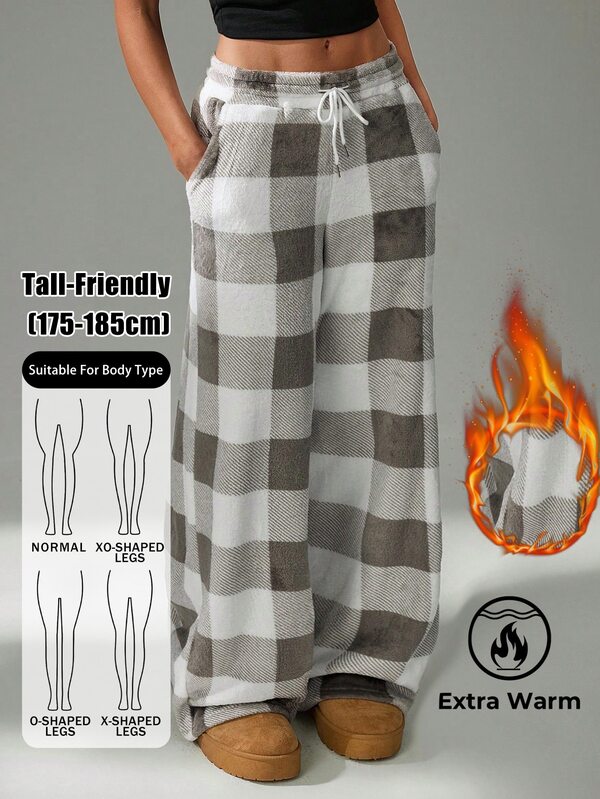 SHEIN Tall Tall Women's Casual 90s 90s Front Tie Plaid Pocket Trousers Autumn, Lounge White