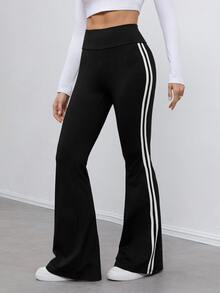 SHEIN Tall 高個女性適用黑白格紋高彈力針織側縫織帶緊身褲，休閒街頭風，適合秋冬 - 黑色 - 查看 8