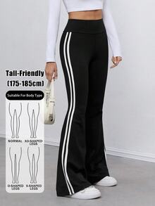 SHEIN Tall 高個女性適用黑白格紋高彈力針織側縫織帶緊身褲，休閒街頭風，適合秋冬 - 黑色 - 查看 1