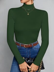 SHEIN Tall 高挑女性適用 秋冬款 簡約純色修身高領白色上衣 - 墨綠色 - 查看 8