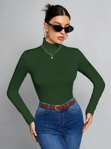 SHEIN Tall 高挑女性適用 秋冬款 簡約純色修身高領白色上衣 - 墨綠色 - 查看 7