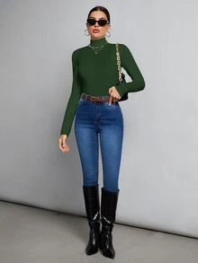 SHEIN Tall 高挑女性適用 秋冬款 簡約純色修身高領白色上衣 - 墨綠色 - 查看 4