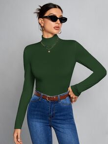 SHEIN Tall 高挑女性適用 秋冬款 簡約純色修身高領白色上衣 - 墨綠色 - 查看 6