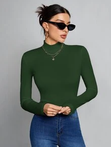 SHEIN Tall 高挑女性適用 秋冬款 簡約純色修身高領白色上衣 - 墨綠色 - 查看 3