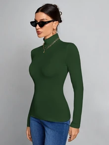 SHEIN Tall 高挑女性適用 秋冬款 簡約純色修身高領白色上衣 - 墨綠色 - 查看 5