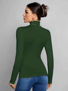 SHEIN Tall 高挑女性適用 秋冬款 簡約純色修身高領白色上衣 - 墨綠色 - 查看 2