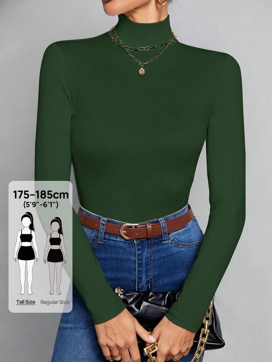 SHEIN Tall 高挑女性適用 秋冬款 簡約純色修身高領白色上衣 - 墨綠色 - 查看 1