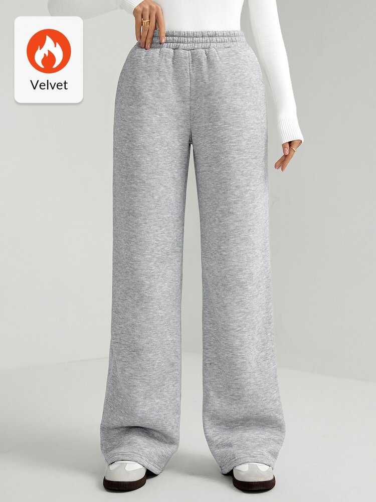 SHEIN Tall 高個女性灰色純色彈性腰寬鬆保暖內裡運動褲，休閒寬鬆居家褲，適合秋季，教師穿搭 - 灰色 - 查看 5