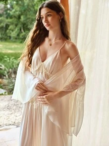 MOTF PREMIUM Damen Satin Spitze Nachthemd & Bademantel Set, bestickte transparente Nachtwäsche, ätherischer Stil, Frühling/Sommer - Aprikosenfarben - Übersicht 6