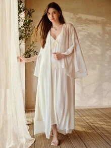 MOTF PREMIUM Damen Satin Spitze Nachthemd & Bademantel Set, bestickte transparente Nachtwäsche, ätherischer Stil, Frühling/Sommer - Aprikosenfarben - Übersicht 7