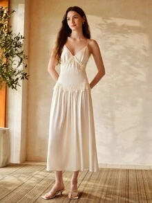 MOTF PREMIUM Damen Satin Spitze Nachthemd & Bademantel Set, bestickte transparente Nachtwäsche, ätherischer Stil, Frühling/Sommer - Aprikosenfarben - Übersicht 3