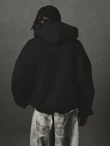 SUMWON Oversized Full-Zip Hoodie With Angel Wings Graphic Print Gothic Script Streetwear Style Long Sleeve Fleece Sweatshirt - Black - View 2