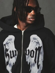 SUMWON Oversized Full-Zip Hoodie With Angel Wings Graphic Print Gothic Script Streetwear Style Long Sleeve Fleece Sweatshirt - Black - View 4