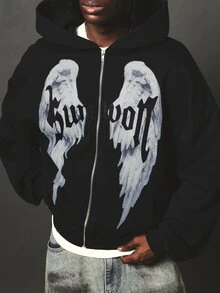 SUMWON Oversized Full-Zip Hoodie With Angel Wings Graphic Print Gothic Script Streetwear Style Long Sleeve Fleece Sweatshirt - Black - View 5