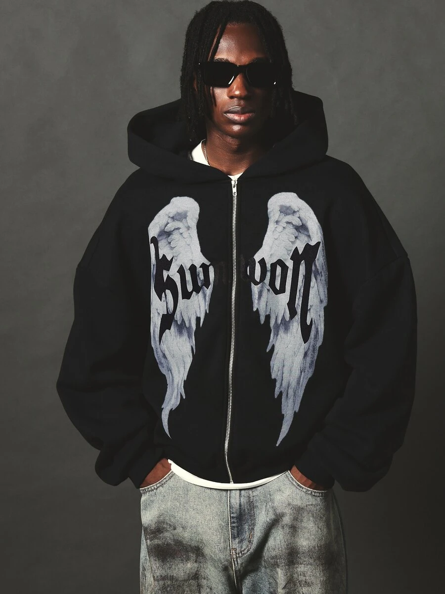 SUMWON Oversized Full-Zip Hoodie With Angel Wings Graphic Print Gothic Script Streetwear Style Long Sleeve Fleece Sweatshirt - Black - View 1