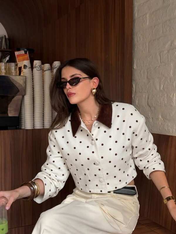 Serisse Women's Black And White Polka Dot Print Cropped Jacket Breakfast Everyday Daytime Autumn French Paris 1920s