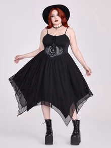 ROMWE Goth 春季深色月光森林印花腰帶設計收腰不對稱下擺大尺碼洋裝 - 黑色 - 查看 3