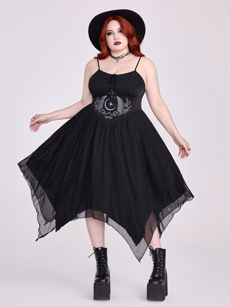 ROMWE Goth Spring Dark Moonlit Forest Print Waistband Design Cinched Waist Asymmetrical Hem Plus Size Dress - Black - View 3