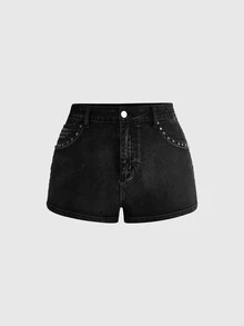 ROMWE Grunge Punk Y2K Plus Size Women Punk Indie Sleaze Music Festival Studded Mini Denim Shorts - Black - View 5